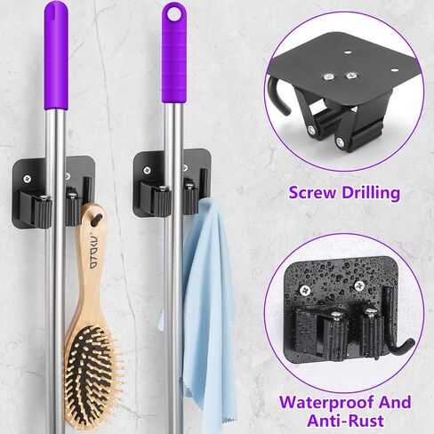 Stainless Steel Broom Holder, Heavy Duty, Rust Resistant, 4 Gripper Positions with 4 Hooks, Black in Saudi Arabia