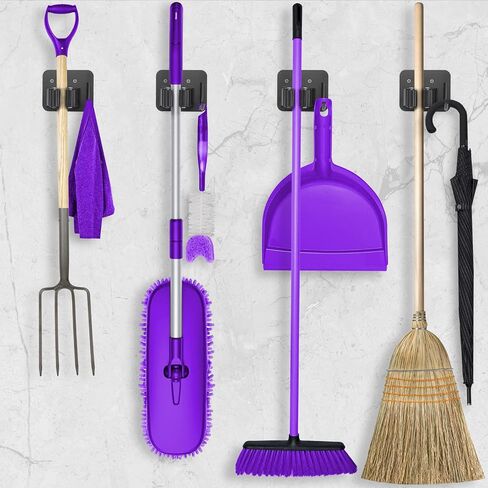 Stainless Steel Broom Holder, Heavy Duty, Rust Resistant, 4 Gripper Positions with 4 Hooks, Black in Saudi Arabia