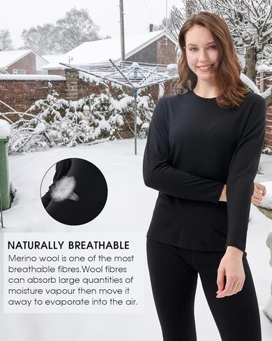 طبقة أساسية من صوف ميرينو 100% للسيدات - قمصان حرارية طويلة الأكمام من صوف ميرينو متوسطة الوزن للنساء، راحة فائقة in Kuwait