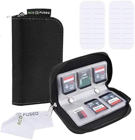 Eco-Fused Memory Card Case - Fits up to 44x SD, SDHC, Micro SD, Mini SD and 4X CF - Holder with 44 Slots (8 Pages) - for Storage and Travel - Microfiber Cleaning Cloth and Labels Included in Kuwait