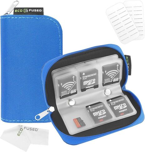 Eco-Fused Memory Card Case - Fits up to 44x SD, SDHC, Micro SD, Mini SD and 4X CF - Holder with 44 Slots (8 Pages) - for Storage and Travel - Microfiber Cleaning Cloth and Labels Included in Kuwait