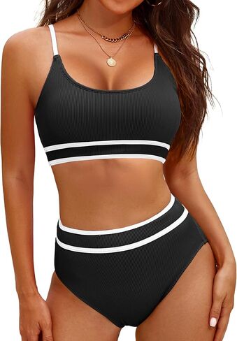 MISSJOY Women's High Waisted Bikini Sets Two Piece Tummy Control Swimsuits Color Block Adjustable Straps Bathing Suit in Kuwait