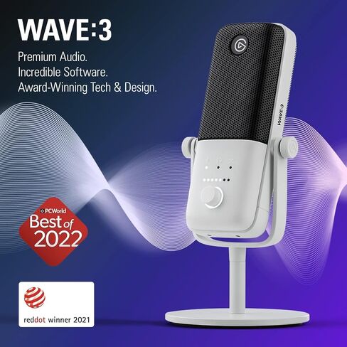 Elgato Wave:3 White - ميكروفون مكثف USB بجودة استوديو ممتاز للبث والبودكاست والألعاب والمكاتب المنزلية، برنامج خلاط مجاني، مضاد للتشويه، التوصيل والتشغيل، لأجهزة Mac والكمبيوتر الشخصي (متجدد) in Saudi Arabia
