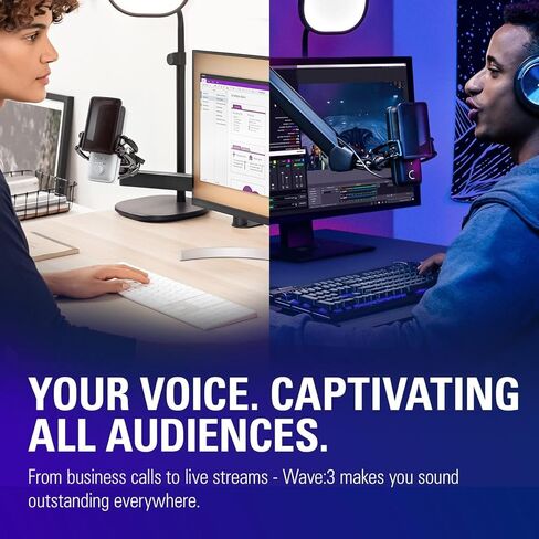 Elgato Wave:3 White - ميكروفون مكثف USB بجودة استوديو ممتاز للبث والبودكاست والألعاب والمكاتب المنزلية، برنامج خلاط مجاني، مضاد للتشويه، التوصيل والتشغيل، لأجهزة Mac والكمبيوتر الشخصي (متجدد) in Saudi Arabia