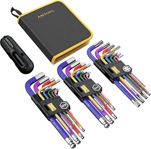 AMTOVL Hex Keys Set - Allen Key Set & Torx Key Set, Metric/Imperial 27PCS Allen Wrench Set Long Arm Ball Head Design with T-Handle Color Coding 1.5-10mm, T10-T50, 1/16-3/8 in Saudi Arabia