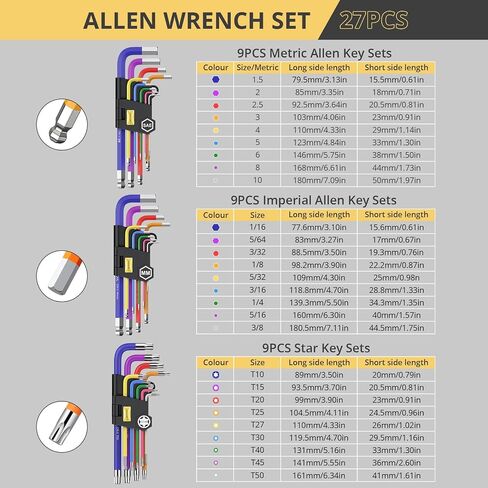 AMTOVL Hex Keys Set - Allen Key Set & Torx Key Set, Metric/Imperial 27PCS Allen Wrench Set Long Arm Ball Head Design with T-Handle Color Coding 1.5-10mm, T10-T50, 1/16-3/8 in Saudi Arabia