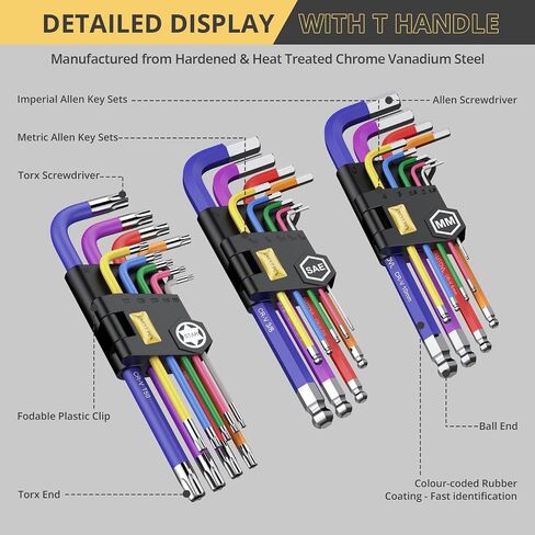 AMTOVL Hex Keys Set - Allen Key Set & Torx Key Set, Metric/Imperial 27PCS Allen Wrench Set Long Arm Ball Head Design with T-Handle Color Coding 1.5-10mm, T10-T50, 1/16-3/8 in Saudi Arabia