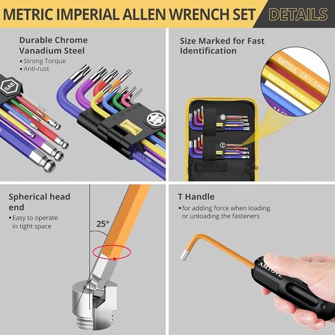 AMTOVL Hex Keys Set - Allen Key Set & Torx Key Set, Metric/Imperial 27PCS Allen Wrench Set Long Arm Ball Head Design with T-Handle Color Coding 1.5-10mm, T10-T50, 1/16-3/8 in Saudi Arabia