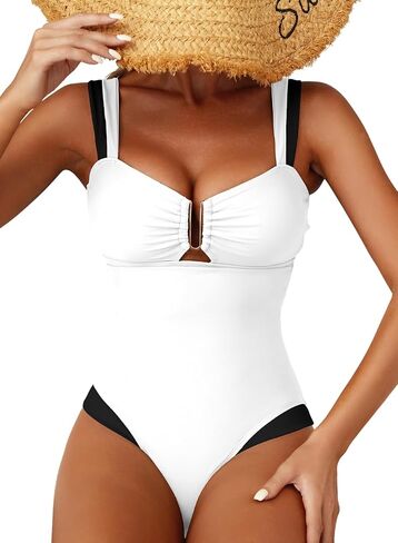 Herseas Women's Two Tone Patchwork One Piece Swimsuit U Hardware Cutout Bathing Suit in Saudi Arabia