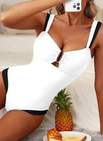Herseas Women's Two Tone Patchwork One Piece Swimsuit U Hardware Cutout Bathing Suit in Saudi Arabia