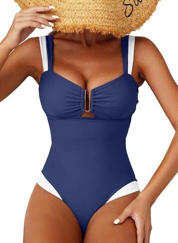 Herseas Women's Two Tone Patchwork One Piece Swimsuit U Hardware Cutout Bathing Suit in Saudi Arabia