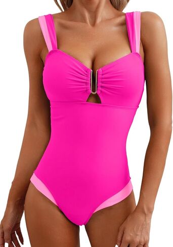 Herseas Women's Two Tone Patchwork One Piece Swimsuit U Hardware Cutout Bathing Suit in Kuwait