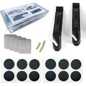 Bike Tire Repair Kit, 12 Glueless Patch Kits, 2 Tire Levers, 4 Metal Rasps, Inner Tube Patch Kit，Portable Type Suitable for MTB BMX Road Mountain Bike Travel