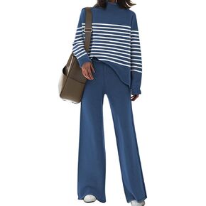 Fixmatti Stripe Sweater Sets for Women 2 Piece Knitted Outfits High Neck Top Wide Leg Pant Loungewear