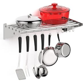 Metal Kitchen Rack for Storage and Organization, [NSF Certified] 12" x 24" Stainless Steel Wall Mount Shelf with 10 S Hooks for Hanging Pots, Pans, Cookware in Home and Restaurant