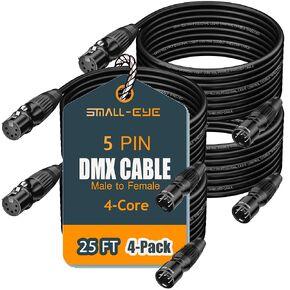 SMALL-EYE DMX Cables 25 ft 4 Pack - 5 Pin Male to Female, 4-Core Shielded DMX512 Stage Lighting Cable (25')
