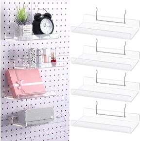 Lounsweer 4 Set Pegboard Shelf Acrylic Shelf with Metal Hooks Peg Board Organizer Accessories Storage Shelf for Pegboard Display Wall Craft Room Home Garage Nursery Kitchen(Clear,12 x 4 Inch)