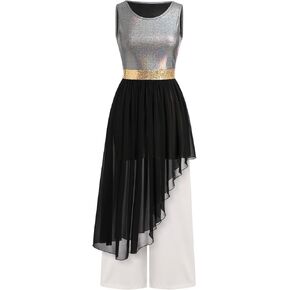 AFAVOM Praise Dance Dresses for Women Metallic Asymmetric Overlay Dress + Pants Worship Liturgical Dancewear Lyrical Costume