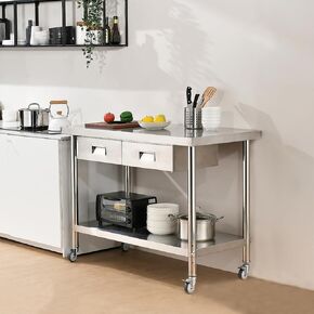 Stainless Steel Table with 2 Drawers 48x24 Inch Commercial Work Table with Wheels Kitchen Prep Table 2 Stage Adjustable Undershelf Stainless Steel Outdoor Table for Home Restaurant Warehouse