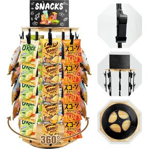 Chip Rack Display Stand, 5 Tiers 40 Clips Snack Organizer for Office Desk, 360° Rotating Wooden Base Chip Holder Candy Display with Message Board for Concession Stand, Countertop, Party