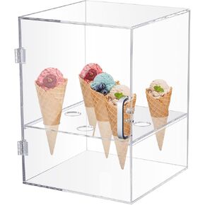 Acrylic Ice Cream Cone Holder Stand Clear Ice Cream Cone Cabinet with Holes Transparent Waffle Hand Roll Sushi Stand for Snow Cone Dessert Shop Ice Cream(11.81 x 8.66 x 8.66 Inches)