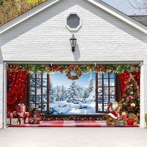 Merry Christmas Garage Door Decorations Backdrop Window Snow Scenery Courtyard Wall Background Santa Bear Xmas Tree Outdoor Wall Background Newborn Baby Party Studio Props 16x7ft