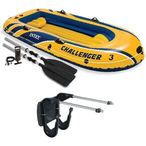 Intex Challenger 3 Boat 2 Person Raft & Oar Set Inflatable with Motor Mount Kit