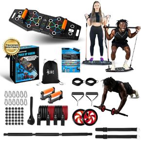 L&C Exercise Essentials Push Up Board Home Workout Fitness Equipment – Color Coded Foldable Pushup Board – Non-Slip Pushup Handles with Resistance Bands, Door Anchor, Ankle Straps, Ab Wheels and Pilates Bar