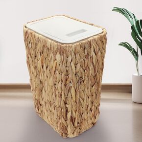 Small Trash Can with Lid, 3 Gallon Slim Trash Garbage Can Narrow Rubbish Waste Bin Basket with Press Top, Compact Woven Wicker Wastebasket Wastepaper Basket for Bathroom Bedroom Office
