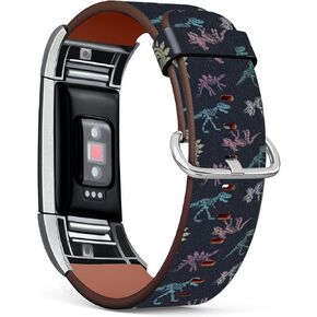 Compatible with Fitbit Charge 2, Patterned Leather Replacement Band, Dinosaurs Skeleton Background-1
