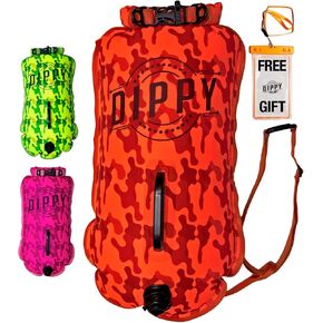 DIPPY Swim Buoy for Open Water Swimmers - Waterproof Tow Float Swim Bubble for Adults, Dry Bag, Inflatable Snorkel Float Belt, Swimming Accessories (Orange, 28L)