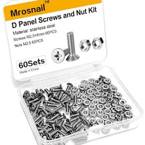 60Pcs D Series Panel Screw & Nut Kit, Stainless Steel M2.5 x 8mm for Audio/Video Equipment, Server Racks, and Electronics Assembly