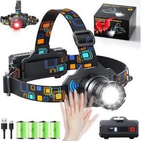 Headlamp Rechargeable, Bright LED Head Lamp with White Red Light, LED Headlamp Motion Sensor 90° Adjustable Zoomable 6 Modes Head Lights for Forehead for Adults Running Hunting Camping Hiking Fishing