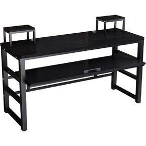 Music Studio Recording Desk with 1 Piano Keyboard Tray, Music Production Workstation, Home Office Furniture Wooden Table (Black Board + Black Frame, 63 inches)