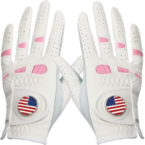 Amy Sport Women's Golf Gloves Left Hand Right with Ball Marker Value 2 Pack, All Weather Grip Rain Soft Leather Pink Size Small Medium Large XL