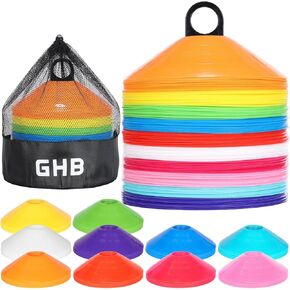 GHB Disc Cones 100 Pack Soccer Cones Sport Cones Training with Carry Bag and Holder for Football, Basketball, Coaching, Practice Equipment Includes Cone Drills Guide
