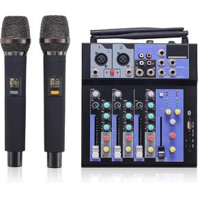 Professional Audio Mixer with Dual Wireless Mic, 4 Channel Mixer Board Sound Board DJ Mixer Console System MP3 Bluetooth 48V Phantom Power USB Interface for Home Karaoke Party