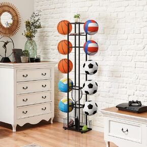 Sports Equipment Organizer Ball Storage Rack Freestanding Basketball Holder Vertical Garage Ball Storage Display Stand for Volleyball Football Badminton Black
