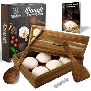 Handcrafted Acacia Wood Dough Fermentation Box with Airtight Seal – Includes Charred Wood Spatula, Pizza Sauce Spoon & Recipe Book | Perfect for Artisan Pizza, Bread & Dough | Non-Slip