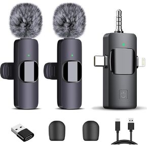 4-in-1 Wireless Lavalier Microphone, Dual Wireless Microphone for iPhone/Android/Camera/PC, 82FT Noise Reduction Mini Mic, Lapel Micro Wireless for Video Recording, YouTube, TikTok