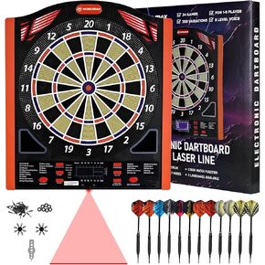 Electronic Dart Board Set, Illuminated Electronic Soft Tip Dartboard with LED Sidelamp, Laser Toe Line, 34 Games with 350 Variations Digital Dartboard Set, up to 8 Players, 5 Levels, Batteries/Adapter