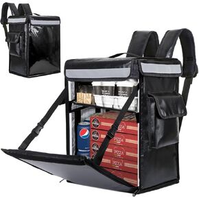 Insulated Food Delivery Backpack with Reinforced Frame and 2 Inner Spaces - 18.5" x 15" x 12.6", Open from Top and Side - Adjustable Divider, Waterproof Food Delivery Bags for Doordash, Restaurant