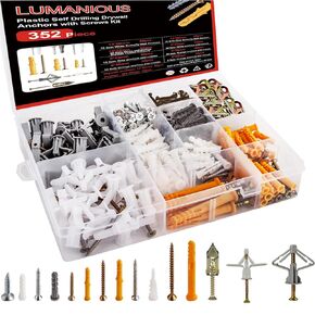 352pcs Self-Drilling Drywall Anchors and Screws Kit, 9 Different Assorted Size Nylon Plastic Wall Anchors,Galvanized Steel Anchors, Screws, Hollow Door Anchors, Holds Up to 75lbs