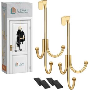 2-Pack Over The Door Hook - with 3 Hang Heads & Snug Fit Pads- 2Pcs Heavy Duty Hooks for Hanging Coats, Towels, Caps & Robes - Elegant Matt Finish - No Drill Hanger Organizer - Gold