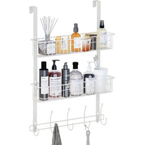 LUCYCAZ Over The Door Hooks Organizer, Door Hanger Towel Rack with 10 Coat Hooks & 2 Mesh Basket Over The Door Shelf, Back of Door Storage Organizer for Barthroom Kitchen Hanging Towel Clothes (White)