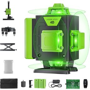 16 Line Laser Level 360 Self Leveling, 4x360°Professional 4D Green Cross Line laser Level with 2 Batteries, Adjustable Brightness & Remote Control, for Tiling Floor Construction and Picture Hanging