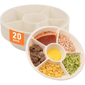 20 Pcs Disposable Divided Plates with 6 Deep Compartments, 12 Inch Large Disposable Sectional Plates, Biodegradable Cornstarch Divided Serving Tray for Party - Microwave Safe