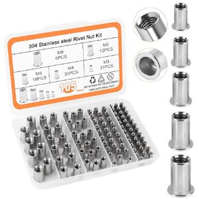 Metric Rivet Nut Assortment Kit, 105Pcs 304 Stainless Steel SAE Rivet Nut, M3 M4 M5 M6 M8 UNC Flat Head Rivnut Set, Threaded Insertion Nut Sets for Automotive, Mechanical and Other Equipment