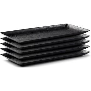 Posh Setting - Serving Platters and Trays, Black Party Trays, Wood Pattern Rectangular Platter, Black Plastic Tray, Stackable & Disposable Party Platters, Black Plastic Serving Trays, 5 Pack -17x9