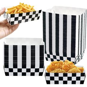 Rainmae 48 Pcs Race Car Food Boats, Disposable Racing Checkered Party Supplies Food Trays, Black and White Paper Food Serving Trays Two Fast Themed Kids Birthday Party for Hot Dog, Popcorn, Picnics